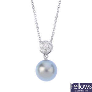 MIKIMOTO - a cultured pearl and diamond pendant, with non-designer chain.
