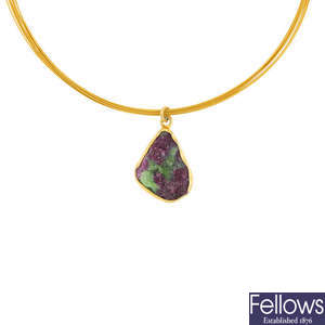 A gold plated ruby and zoisite necklace, earrings and ring set. 