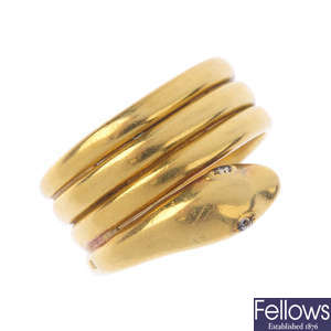 A mid Victorian 18ct gold snake ring.