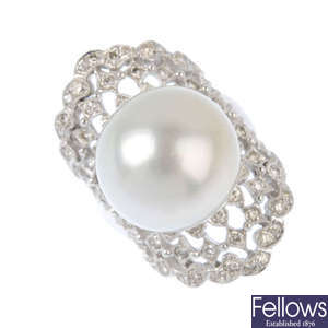 A South Sea cultured pearl and diamond dress ring.