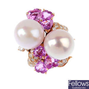 A South Sea Cultured pearl, diamond and sapphire dress ring.