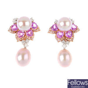 A pair of cultured pearl, diamond and sapphire floral earrings.
