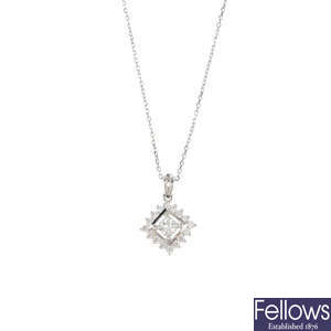 A platinum diamond pendant, with chain.