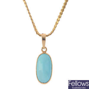 A turquoise pendant, with an 18ct gold chain.