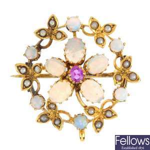 An Edwardian 9ct gold opal, ruby and split pearl brooch.