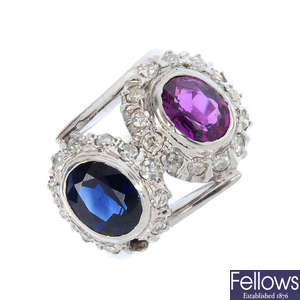 A sapphire, ruby and diamond ring.