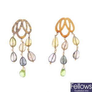 A pair of multi-gem earrings.