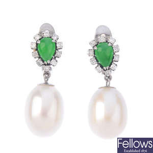 A pair of jade and cultured pearl earrings.