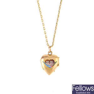 An early 20th century gold and enamel locket with chain.