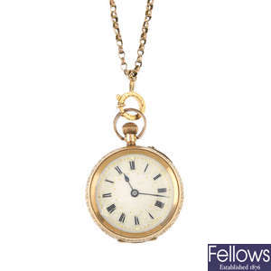 An early 20th century long guard chain, locket and pocket watch.