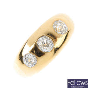 A late Victorian 18ct gold diamond three-stone ring.