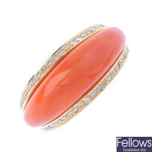 An 18ct gold coral and diamond dress ring.