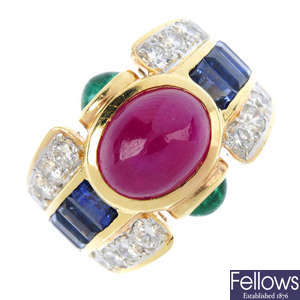 A multi-gem and diamond dress ring.