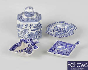 A group of blue and white pottery.