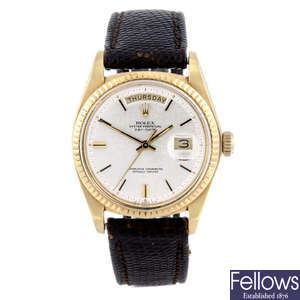 ROLEX - a gentleman's yellow metal Oyster Perpetual Day-Date wrist watch.