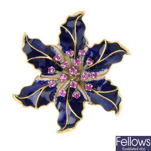 A mid 20th century ruby and enamel floral brooch.