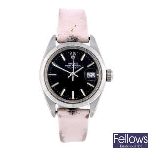 ROLEX - a lady's stainless steel Oyster Perpetual wrist watch.