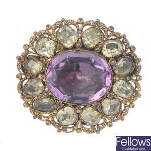 A mid Victorian 9ct gold foil-back amethyst cluster brooch.