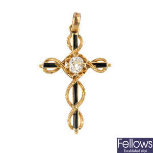 A late Victorian gold diamond and enamel cross pendant.