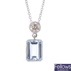 An aquamarine and diamond pendant, with chain.