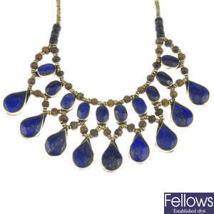 A lapis lazuli bracelet, necklace and earrings.