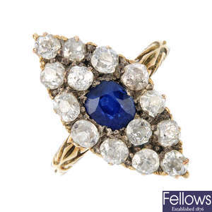A late Victorian gold sapphire and diamond cluster ring, circa 1880.