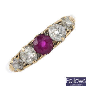 A mid 20th century 18ct gold ruby and diamond five-stone ring.