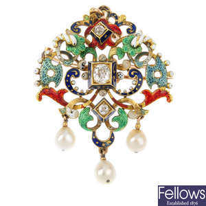A Holbeinesque gold diamond, pearl and enamel pendant.