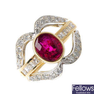 A 14ct gold ruby and diamond ring.