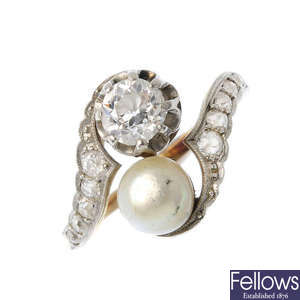 A mid 20th century diamond and cultured pearl crossover ring.