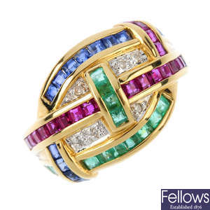 A diamond, ruby, sapphire and emerald dress ring. 