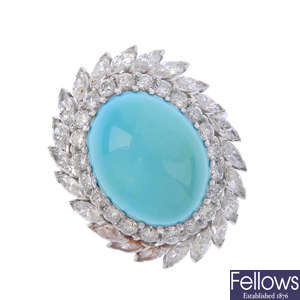 A turquoise and diamond cocktail ring.