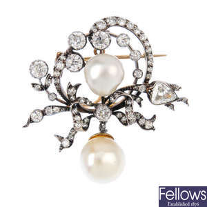 A mid Victorian pearl and diamond brooch. 