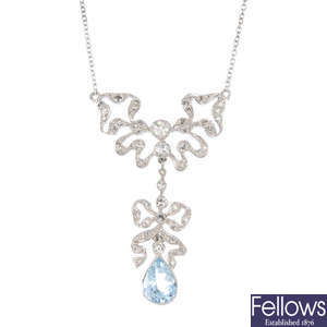 An aquamarine and diamond necklace.