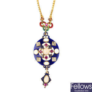 A Holbeinesque gold diamond, gem and enamel pendant, with chain.