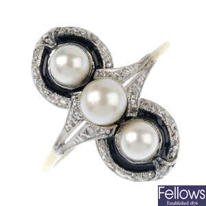 A cultured pearl, diamond and enamel ring.