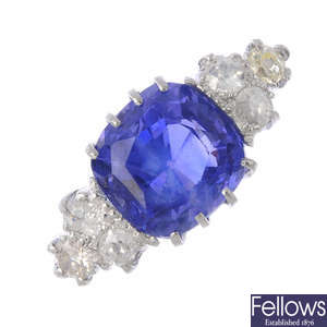 A Ceylon sapphire diamond dress ring.
