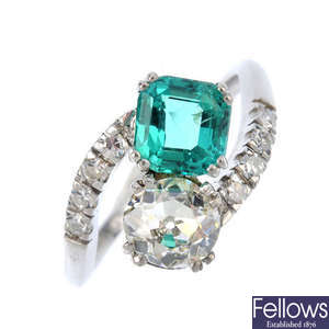 A Colombian emerald and diamond cross-over ring.