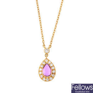 MAPPIN & WEBB - an 18ct gold ruby and diamond cluster pendant, on chain.
