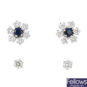 A pair of 18ct gold convertible sapphire and diamond cluster earrings.