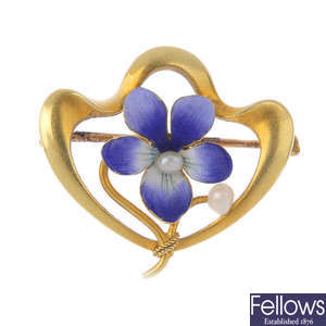 An early 20th century 14ct gold seed pearl and enamel floral brooch.