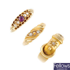 Three early 20th century 18ct gold gem-set rings.