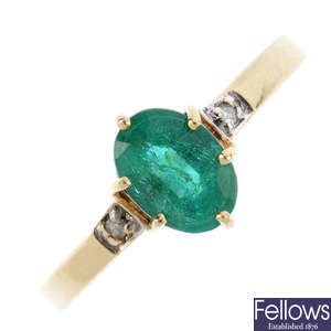A 9ct gold emerald and diamond ring.