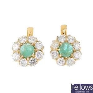 A pair of 18ct gold emerald and diamond floral cluster earrings.