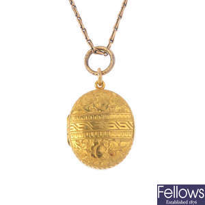 A mid Victorian locket, with 9ct gold chain.