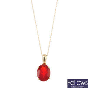 A 14ct gold fire opal pendant, with chain.
