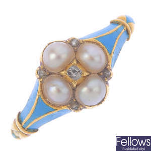 A late Victorian gold enamel, split pearl and diamond ring.