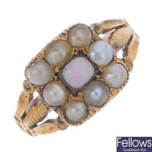 An opal and split pearl panel ring.