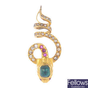An early 20th century gold, diamond and gem-set snake pendant.