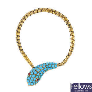 A mid Victorian gold, turquoise and gem-set snake bracelet.